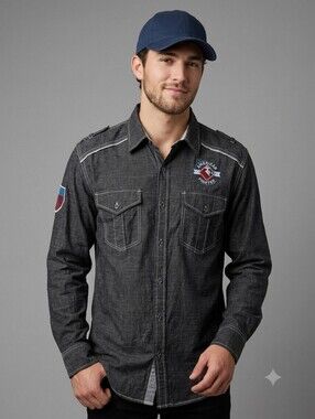 American Fighter Long Sleeve Button Down with Red White Blue Style Stitching XL